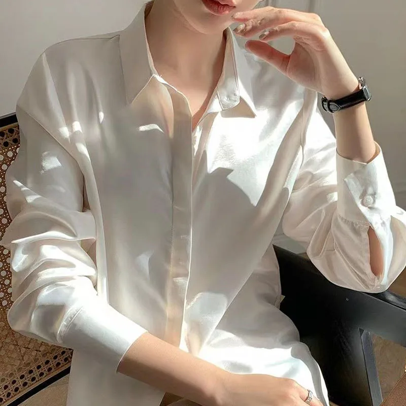 Lucyever White Imitation Satin Shirts for Women Korean Elegant Turndown Collar Silk Office Lady Blouse Solid Buttons Up Shirt