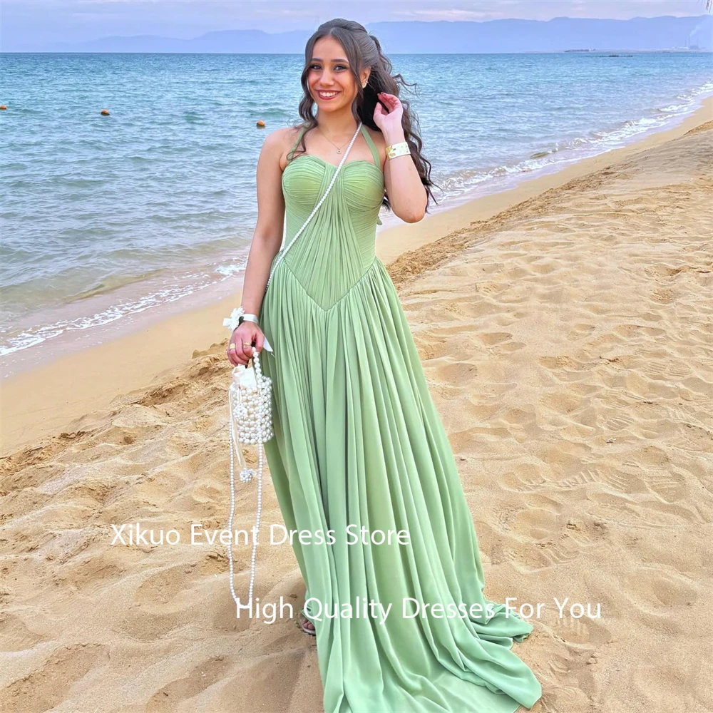 Xikuo Graceful Chiffon Evening Gowns Summer Beach A Line Long Vestidos De Gala Sleeveless Pleated Party Prom Dresses Customized