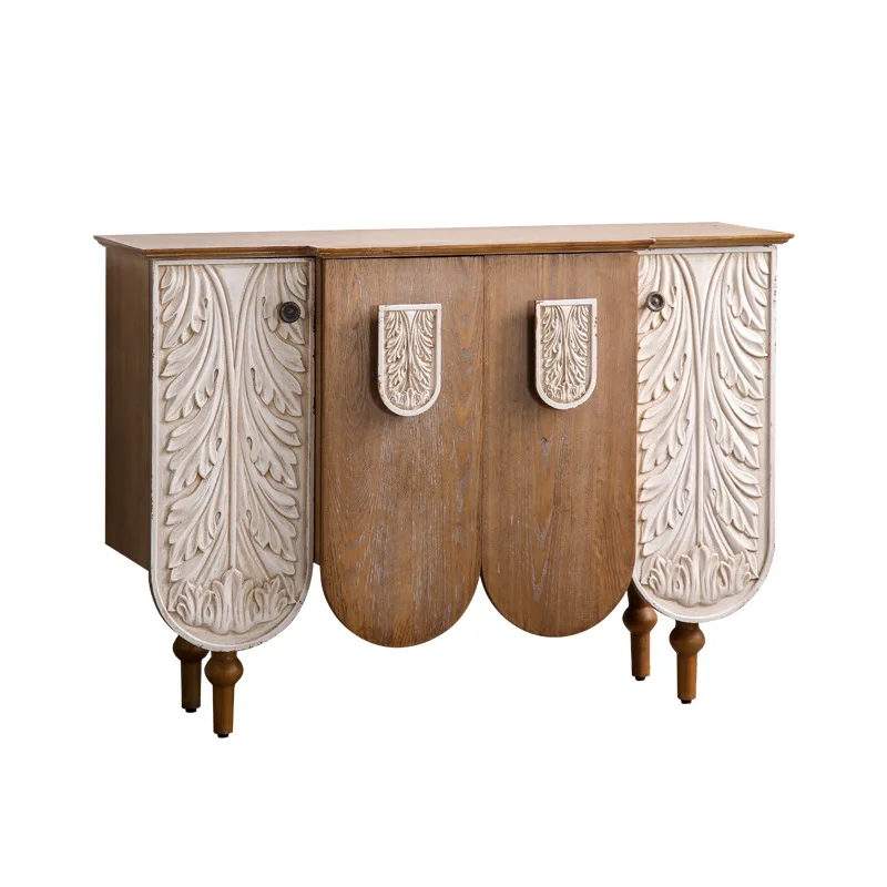 French solid wood carving flower entrance cabinet, villa homestay dining side cabinet, retro old storage complete set of lockers