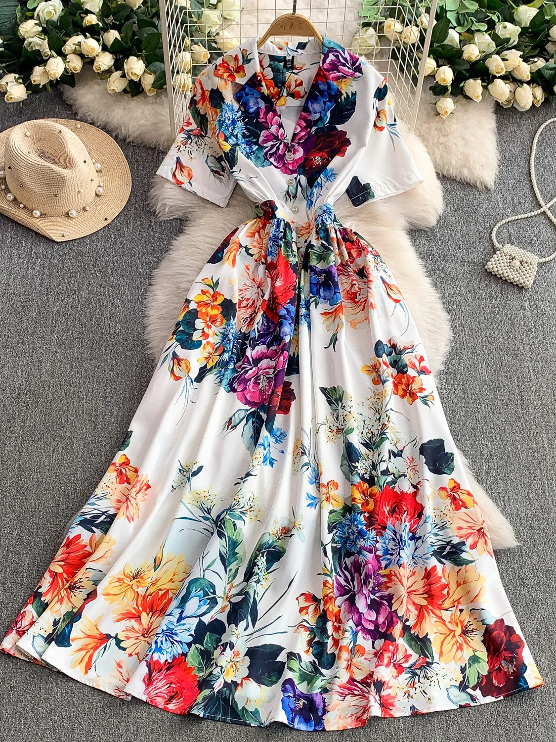 Vaion Sle بدلة مطبوعة طوق Dr المرأة ربيع الخريف زر عالية الخصر التخسيس تنورة طويلة النسخة الكورية ميدي الدكتور