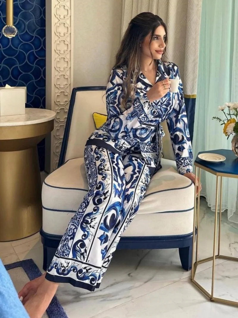 Vintage Gedruckt 2-teilige Sets Frauen Outfit Herbst Kleidung Frauen Langarm Shirt Top und Hose Sets Lässige Trainingsanzüge Frau Sets