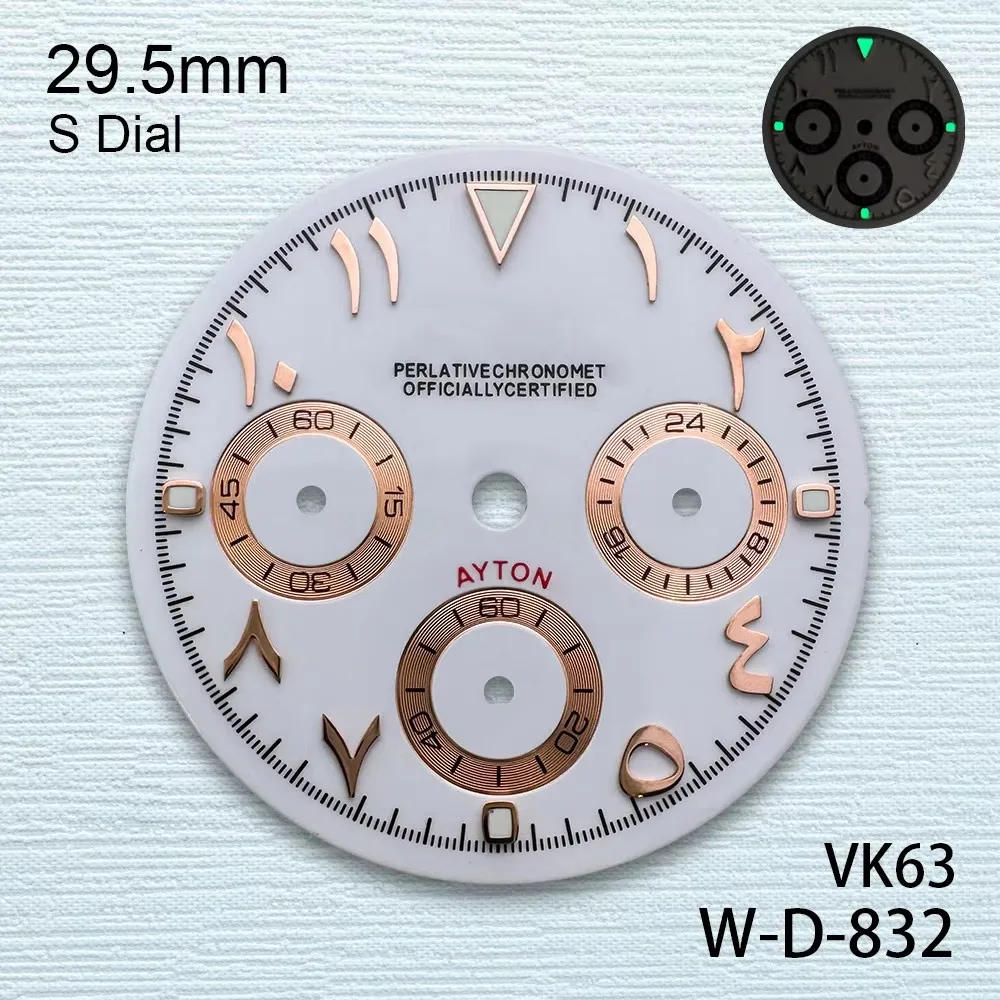 29.5mm S Logo Panda Arab DTN Dial Fit VK63 Movement Green Luminous High-Quality Dial Watch Modification Accessories