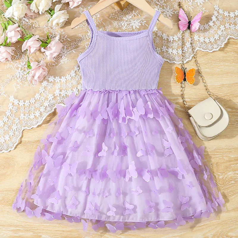 

Children Dresses Butterfly Mesh Birthday Dress For Girls Suspender Summer Dress For Party Night Beach Girl Clothes 90-140cm Size