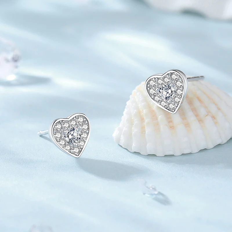 925 Silver Love Earrings For Women Full Diamond Mini Heart Japanese & Korean Style Light Luxury Design Fine Jewelry Party Gift