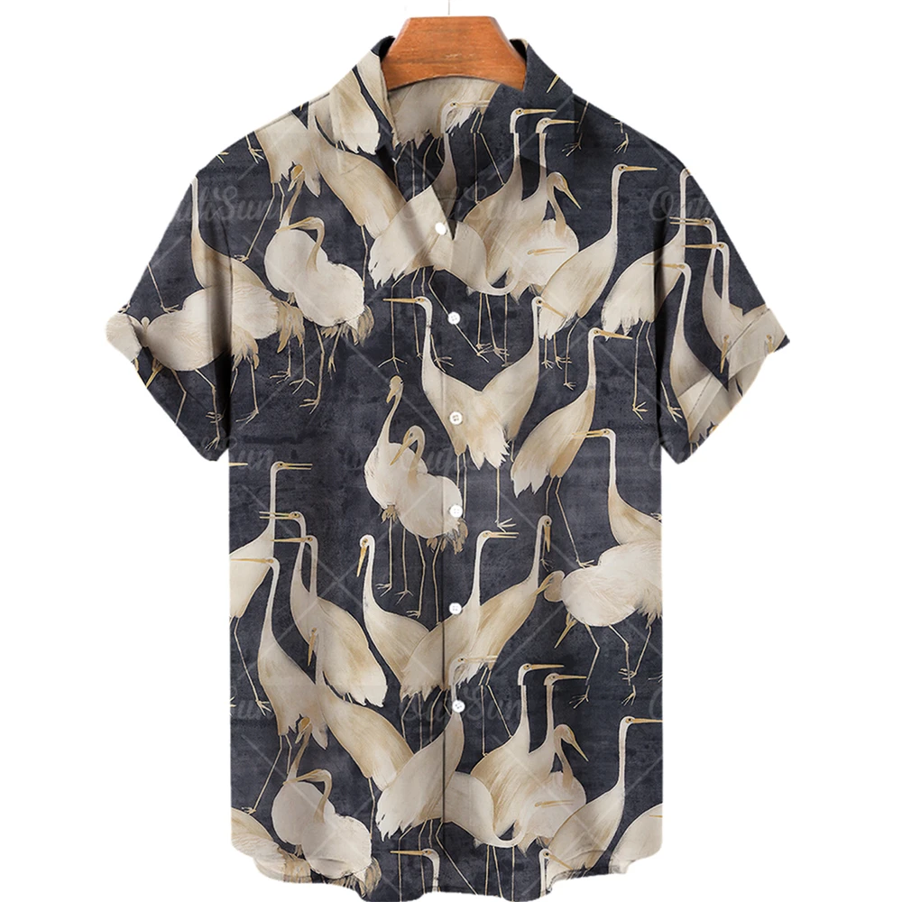 Men\'s Crane Clothing Grus Japonensis Printing Hawaiian Folk-custom Oversized Shirts Vintage Casual Camisa Floral Masculina Y2k