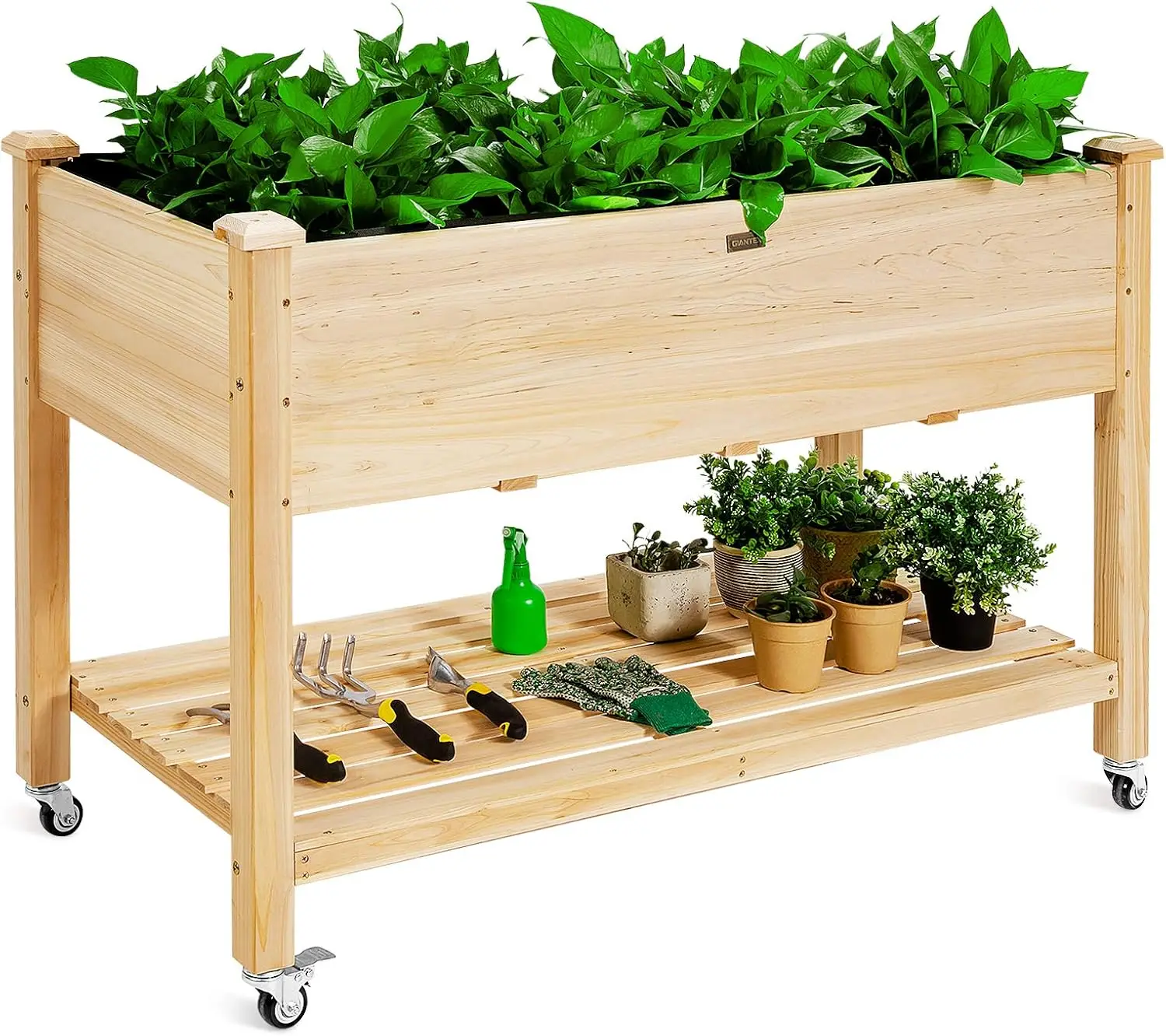 Wooden Raised Garden Bed on Wheels for Backyard and Patio, Brown, with Liner and Drain Holes