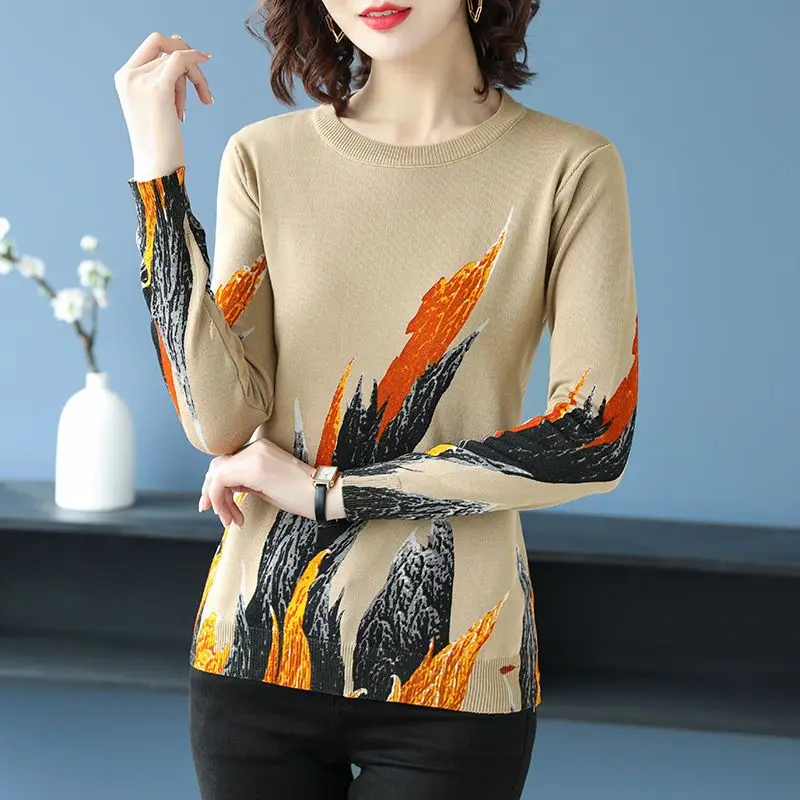 Spring and Autumn Women\'s Printed Knitted T-shirt New Round Neck All-match Vintage Long Sleeve Underlay Tops Female Clothing