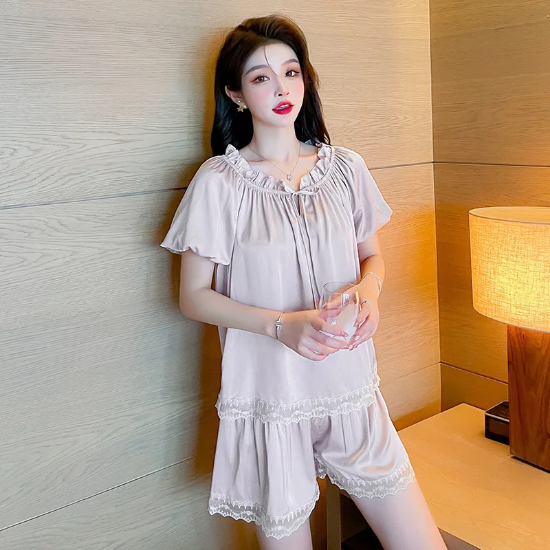 

Two Piece Pijamas Suit Round Neck Women Lace Pajamas Set Short Sleeve Nightshirts Homewear Summer Silky Satin Sleepwear Lingerie