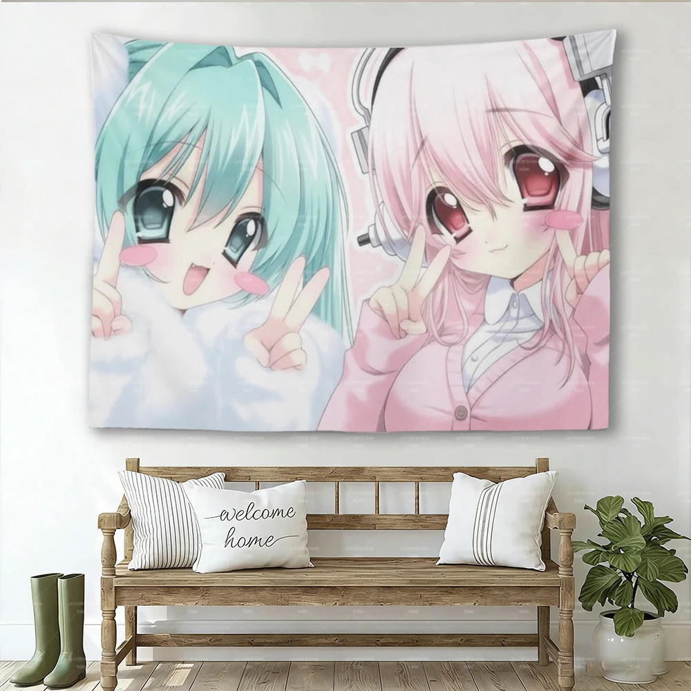 S-Super Sonico & Anime Girl Wandteppich, Kawaii 2000er Ästhetik Wandbehang, Y2K Otaku Raumdekoration, Rosa Pastell Anime Fan Wandteppich