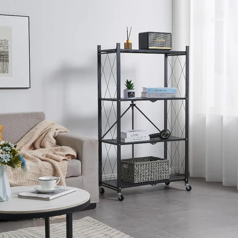 4-Shelf Foldable Storage Shelves with Wheels, Folding Metal Rack Shelving Unit, Heavy Duty No Assembly Organi