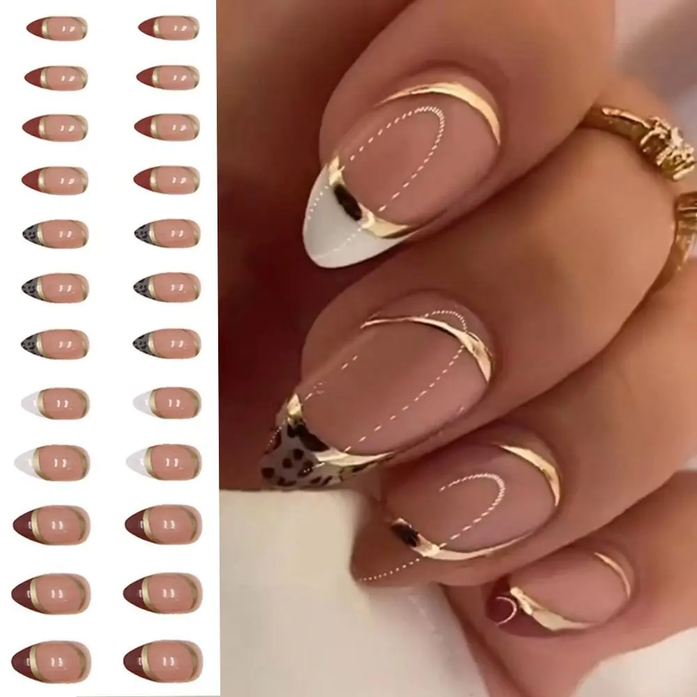 24pcs Detachable Fake Nials Press on Nails Simple French False Nails Long Almond Gold Line