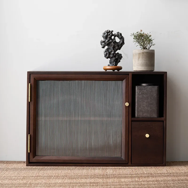 Walnut storage cabinet, dining side cabinet, tea set, storage, living room, household shelf, desktop dust-proof teacup