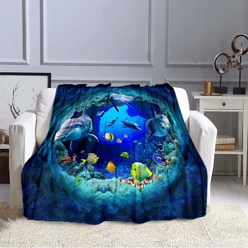 Ocean Dolphin Pattern Blanket Sofa Blankets for Beds Super Soft Warm Blanket Cover Flannel Throw Blanket Lightweight King Size