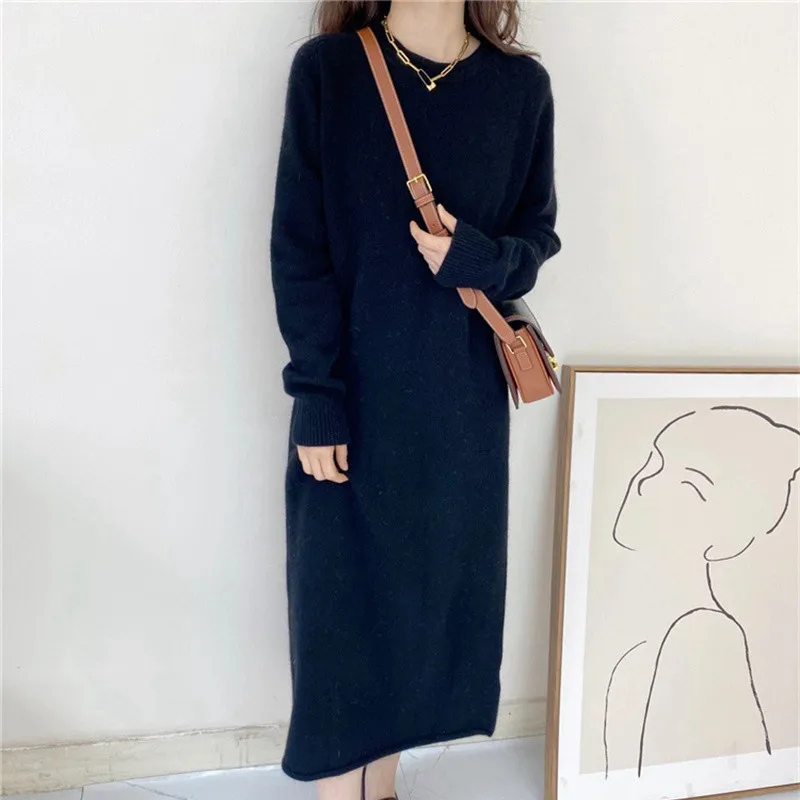 Autumn and winter European cashmere dress women\'s medium length loose and thick knit sweater dress over the knee with sweater