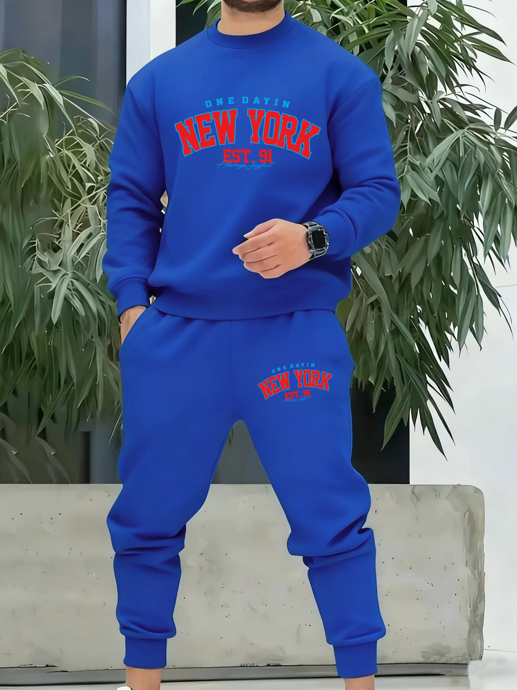 

New York One Dayin Est.91 Print Tracksuit Men Fleece Simple Basics Pants Street Loose Clothing Autumn Casual Male Sportset
