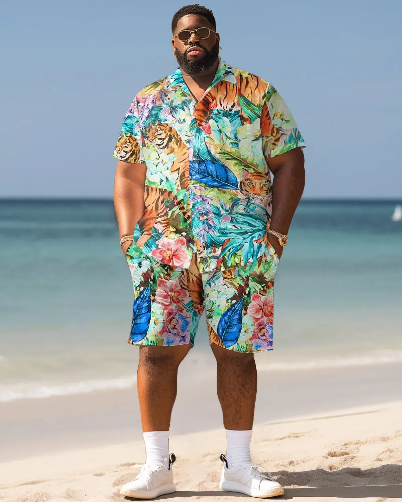 Biggmans Shirt Plus Size Set L-9Xl for Summer Beach Clothing Oversize Hawaii Suit Hawaiian Colorful Block Print Shorts 7XL 8XL