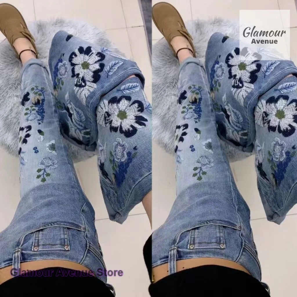 Korean retro jacquard high waist straight jeans women's spring and autumn new plus size fashion Joker slim loose wide-leg pants.