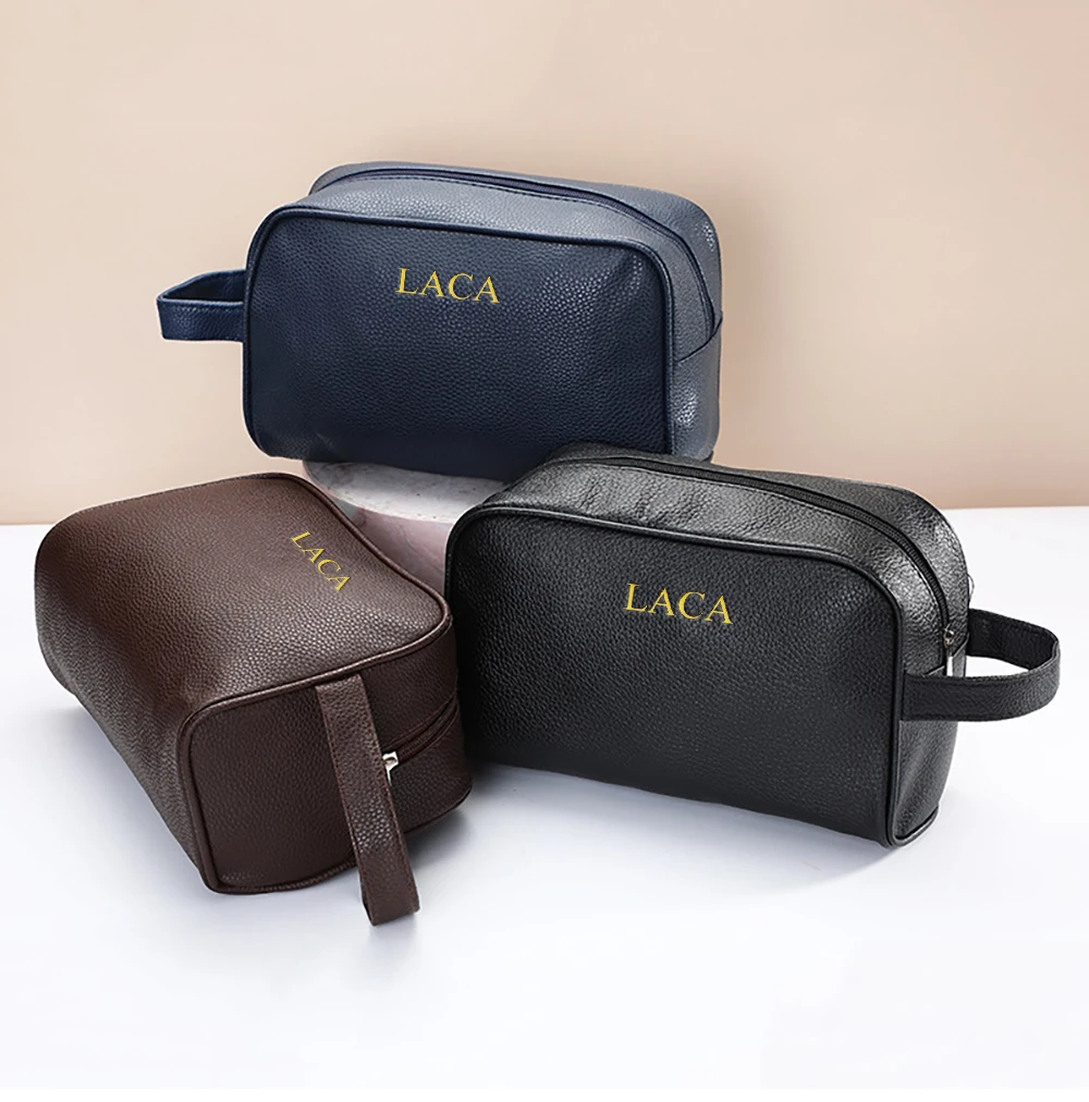 Maßgeschneiderte Herren-Make-up-Tasche mit großem Fassungsvermögen und Namen oder Brief, tragbare Kulturtasche mit Reißverschluss für Geschäftsreisen, Make-up-Tasche für Herren – Detail 2