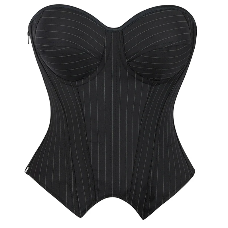 Sexy Women Corset Bustiers Strapless With Bra Black Striped Corsets Office Lady Corselet Gothic Side Zipper Korsett Lingerie