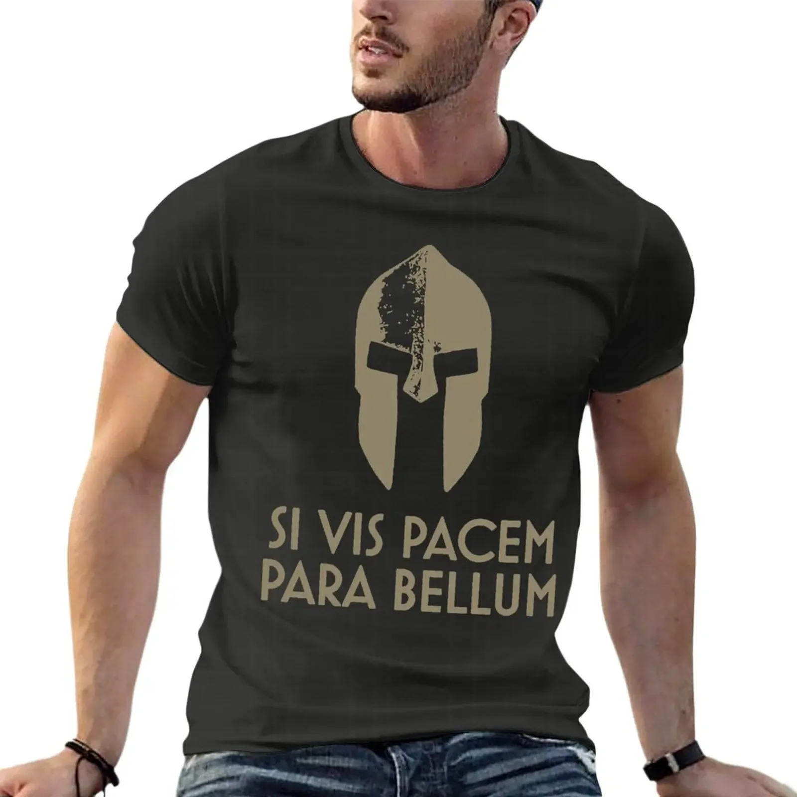 Spartan Helm Latin Motto Si Vis Pacem Para Bellum Oversize T Shirt Printed Men Clothes 100% Cotton Streetwear Big Size Tops Tee