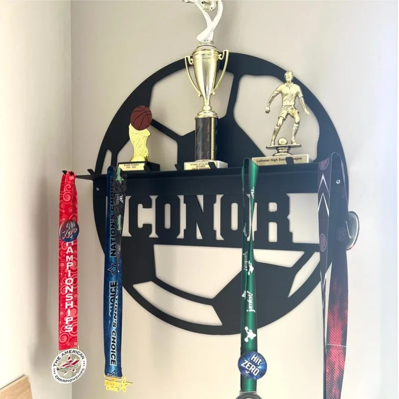 Name Medal Hanger and Trophy Shelf -Kids Soccer Sign - Medal Holder Custom Text 8 Rungs for Medals Ribbons Display Award Gift