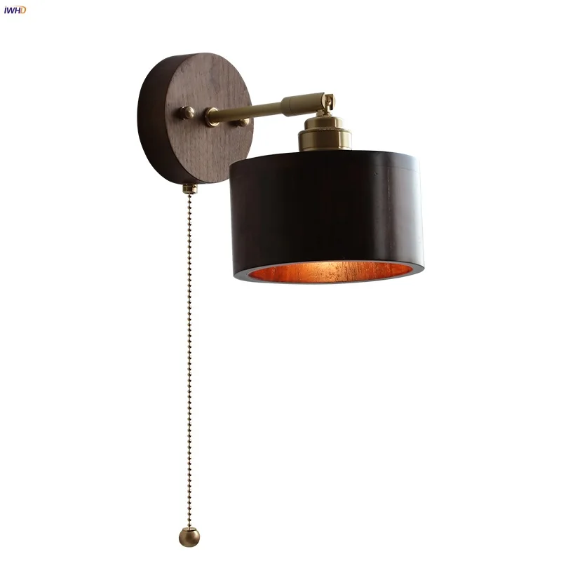 IWHD Copper Socket LED Wall Lights Nordic Modern Pull Chain Switch Bedside Lamp Sconce Walnut Wood Bathroom Mirror Light Fixture