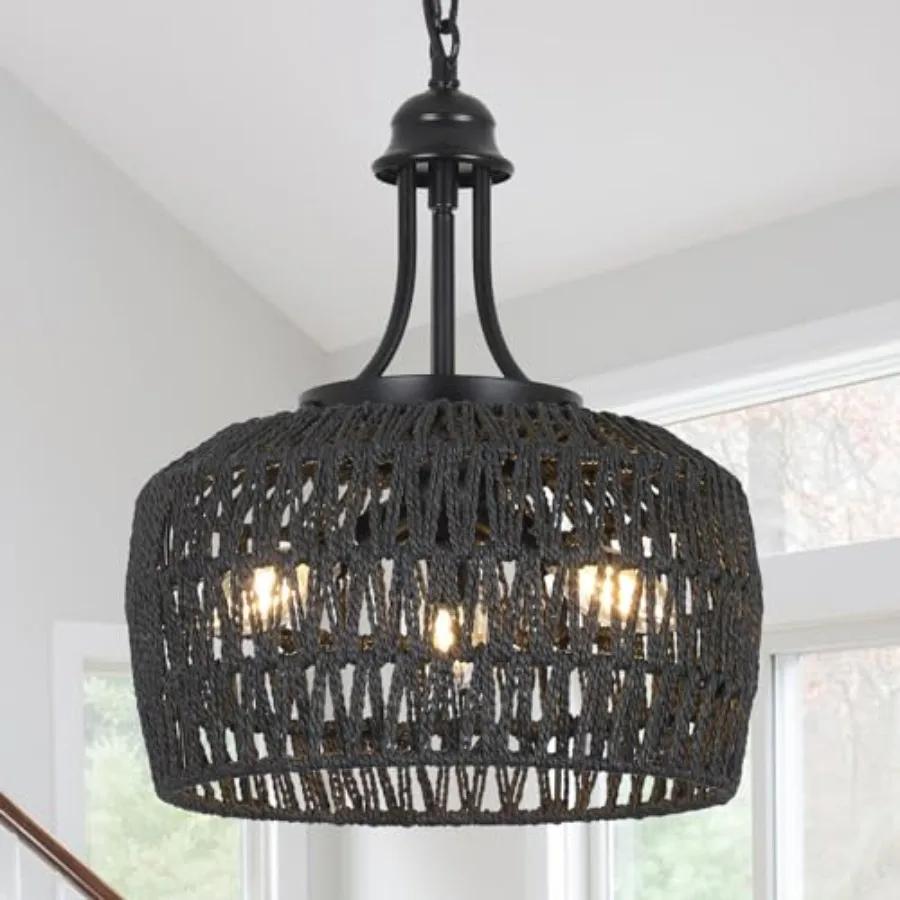 Dining Room Black Rattan Chandelier, 3-Light Boho Woven Lampshade Wicker Pendant Light for Farmhouse Kitchen Bedroom Living Roo