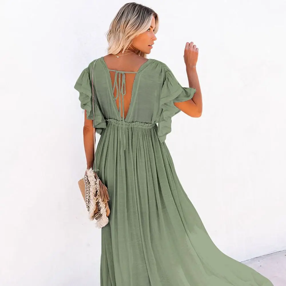 

Fashion V Neck Summer Sunscreen Smock Loose Long Beachwear Shirt Bathing Suit Casual Swim Dress for Women