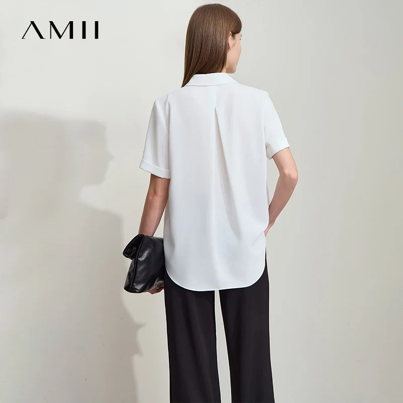 AMII Minimalistische Office Lady Blouses Dames 2025, Effen Korte Mouw Zomer Asymmetrische Turn-down Kraag Chiffon Shirts 12542219