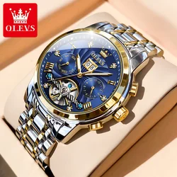 OLEVS Tourbillon Watch Men Automatic Mechanical Movement multifunction Dual Calendar Display Stainless steel Men's Wristwatches