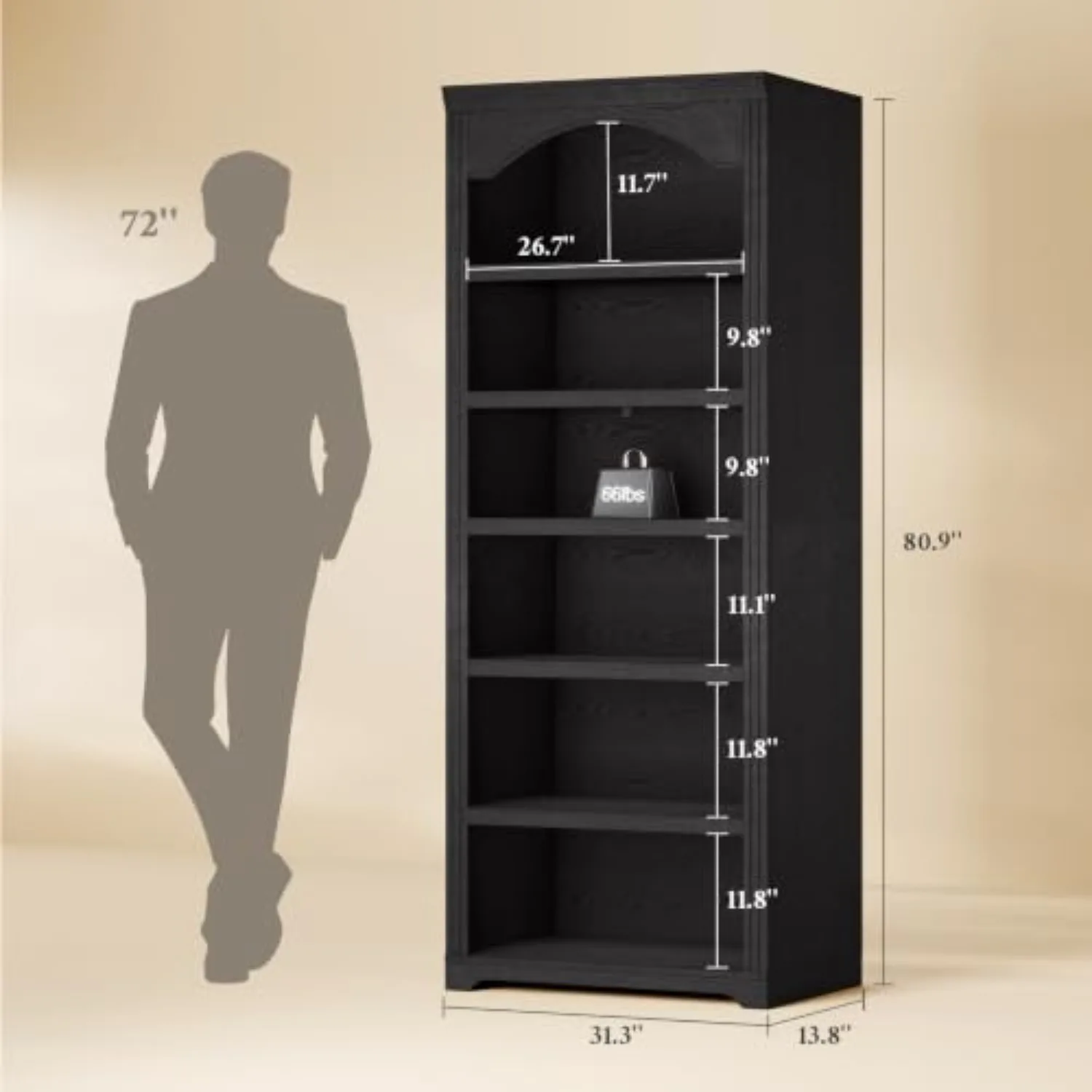 80.9 in Tall Arched Bookcase, Vintage 6-Tier Black Bookshelf with Classic Roman Column Design & Open Shelves for Living