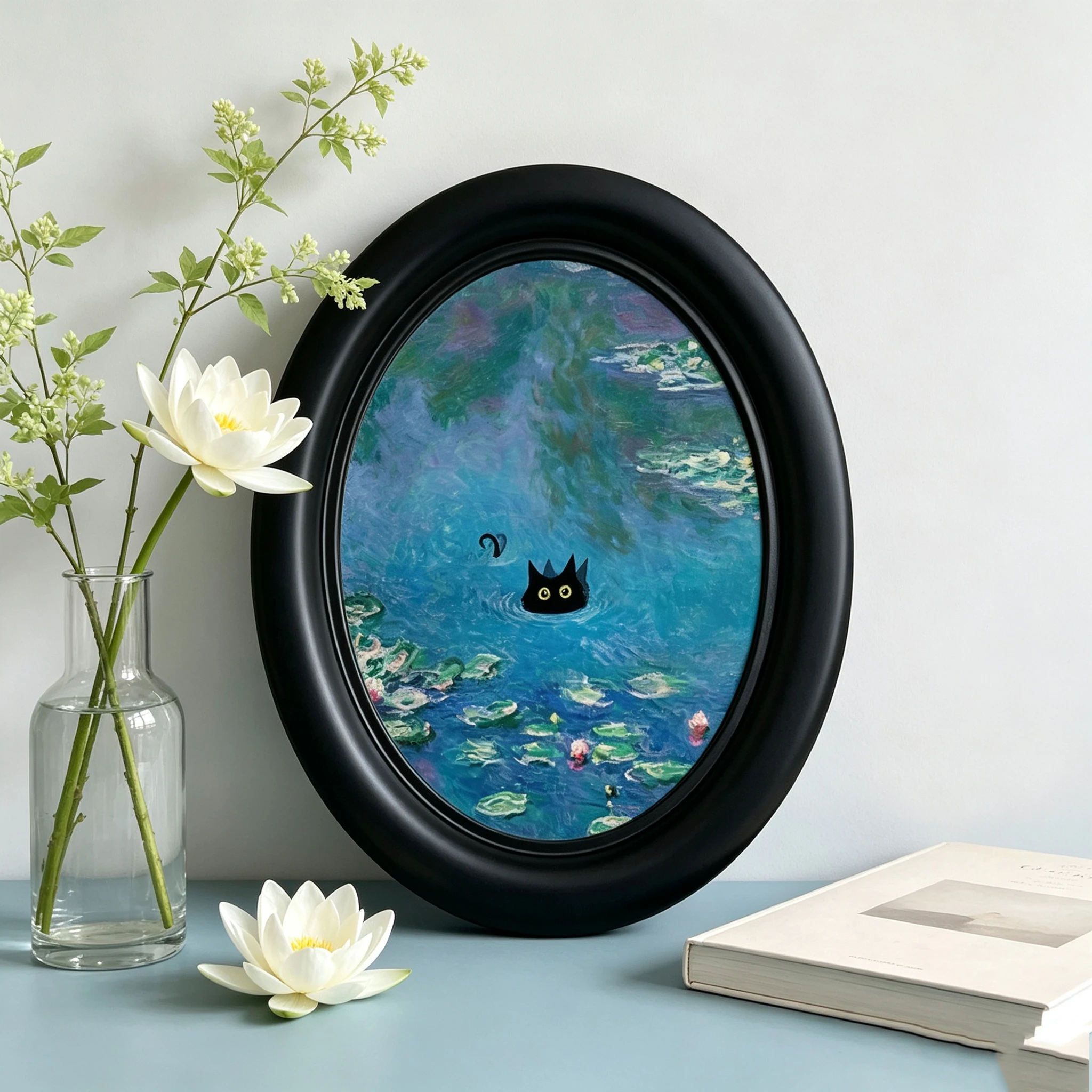 Famous Art Van Gogh Klimt Monet Cat Wooden Elliptical Photo Frame, Perfect for Home & Holiday Decoration, Great Gift Choice