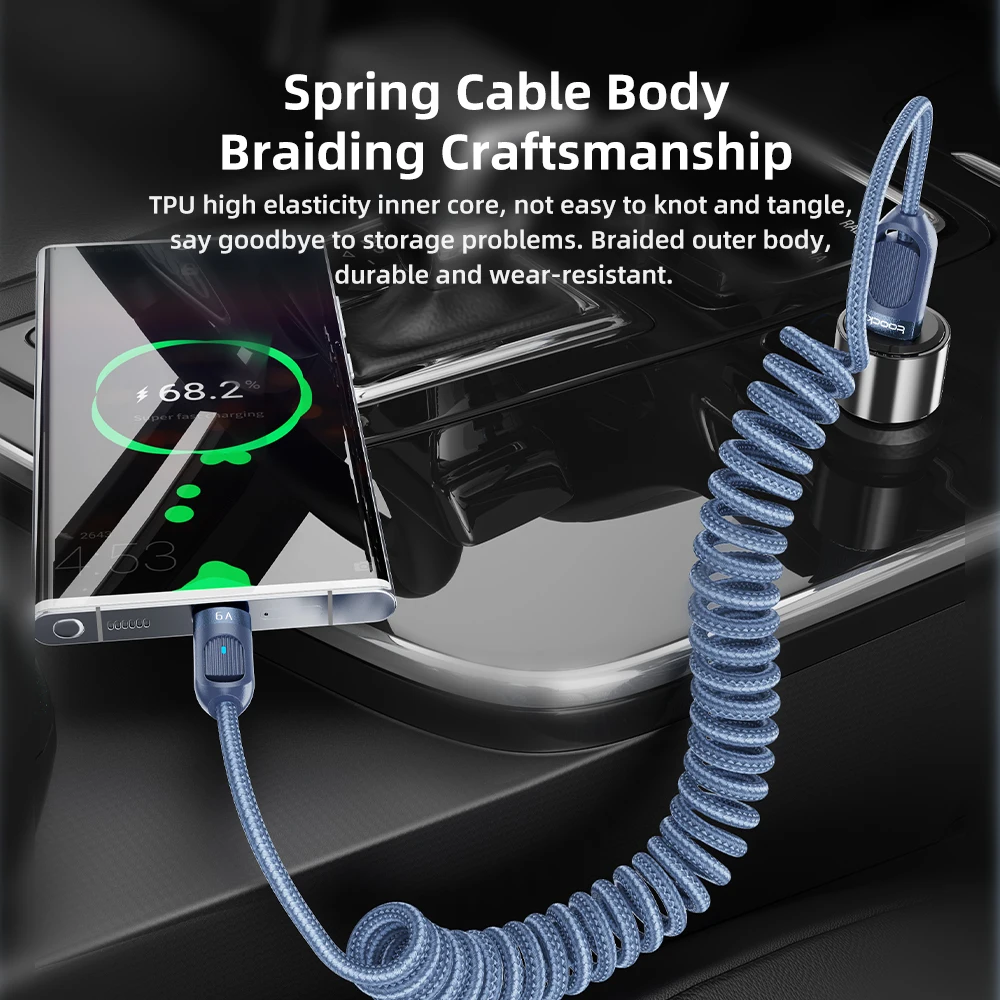 Toocki-Cable USB 6A para iPhone 15 Pro Max, pantalla LED, Cable USB C de resorte de alta velocidad para Xiaomi, Samsung, Cable cargador de teléfono