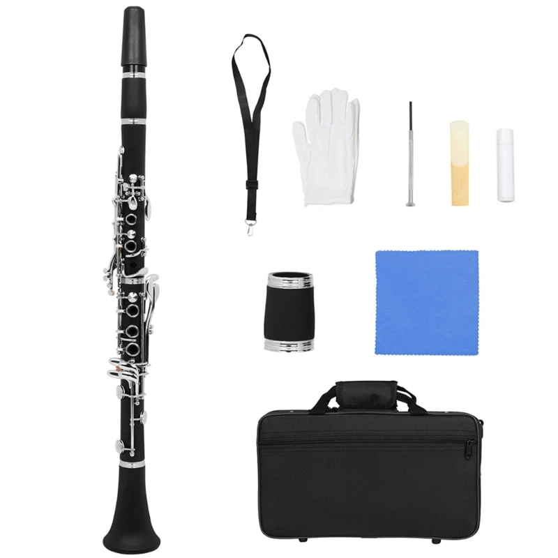  652D 17 Key B Flat Bakelite Tube Clarinet with Cleaning Cloth & Clarinet Carry Bag Woodwind Instrument Clarinet Cleaning Set