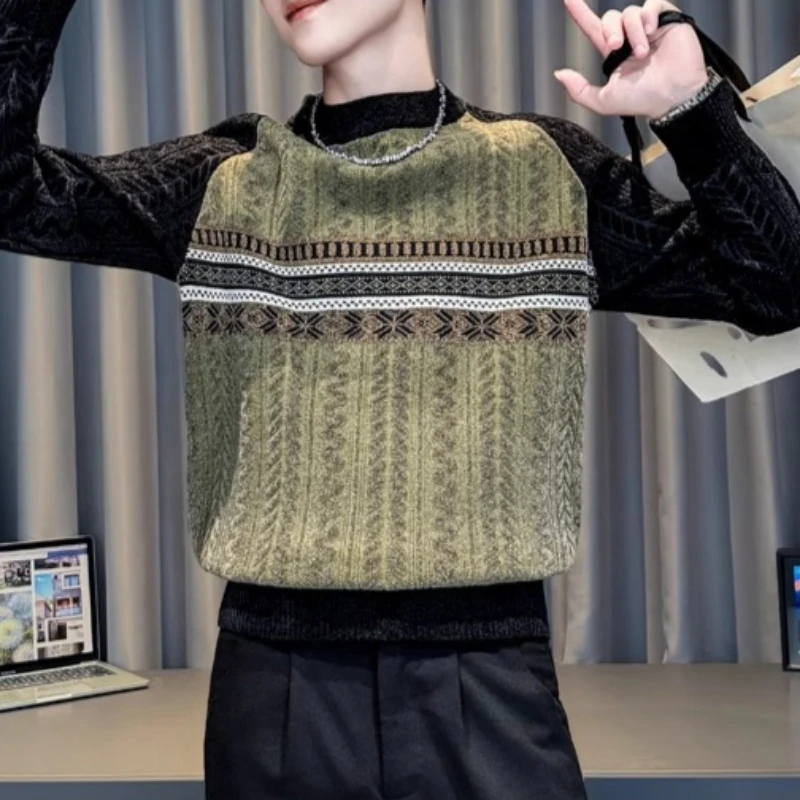 

Korean Jacquard Knitted Sweater for Men Fashion Long Sleeve Casual Round Neck Social Knit Sweaters Business Social Pullovers