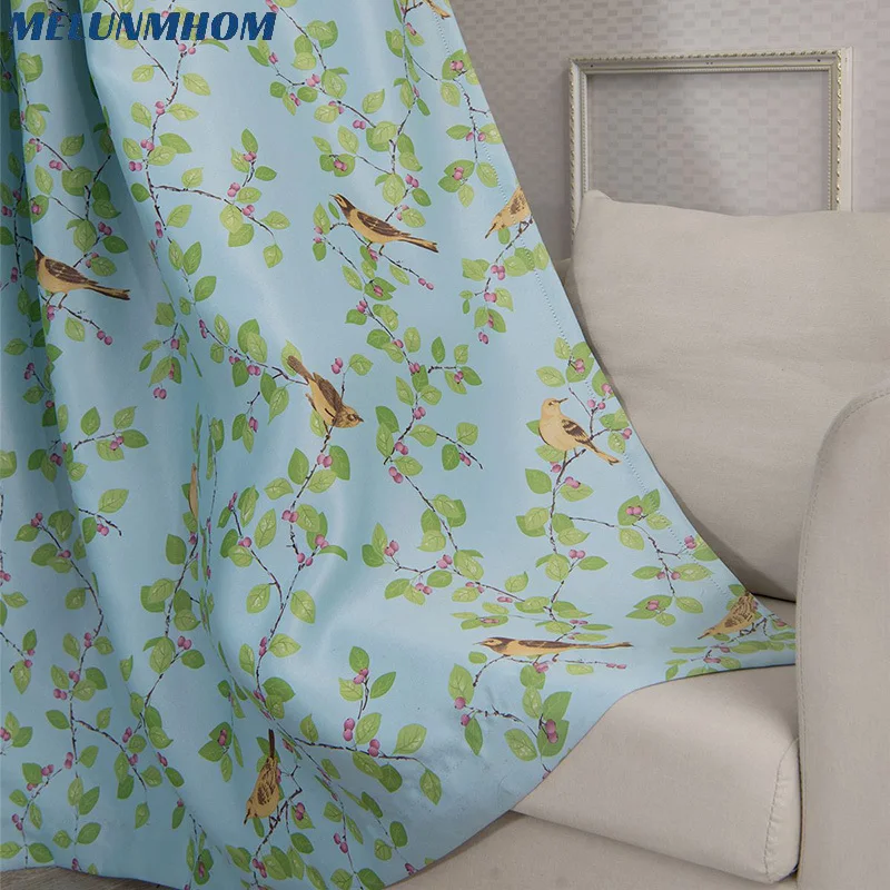 Blue Bird Sparrow Leaf Curtains for Living Room Bedroom Blackout Window Tulle Finished Curtains for Children's Room Fresh Style