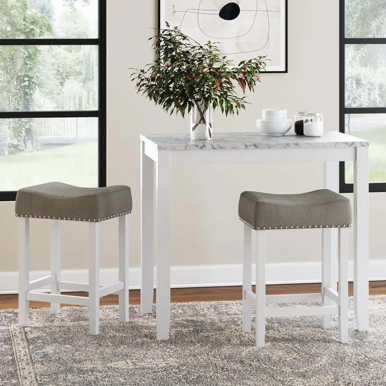 3 Piece Dining Set, Heigh Kitchen Counter Pub or Breakfast Table with Marble Top and Fabric Wood Base Seat