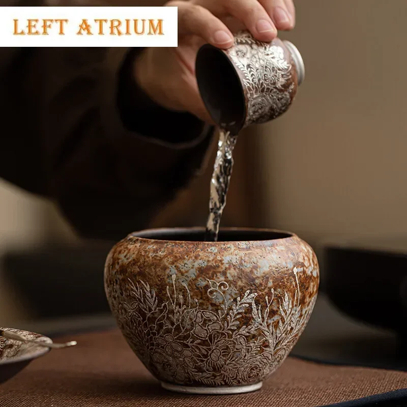 

450ml Aesthetic Old Rock Mud Jianshui Gilding Silver Flowers Tea Wash Bowl Writing-brush Washer Chaxi Accessories Decoration