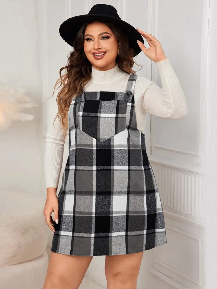 Plus Size Plaid Striped Print Sleeveless Strap Dress Women A-Line Ruffle Pleated Ladies Dresses Loose Casual Woman Strap Dress