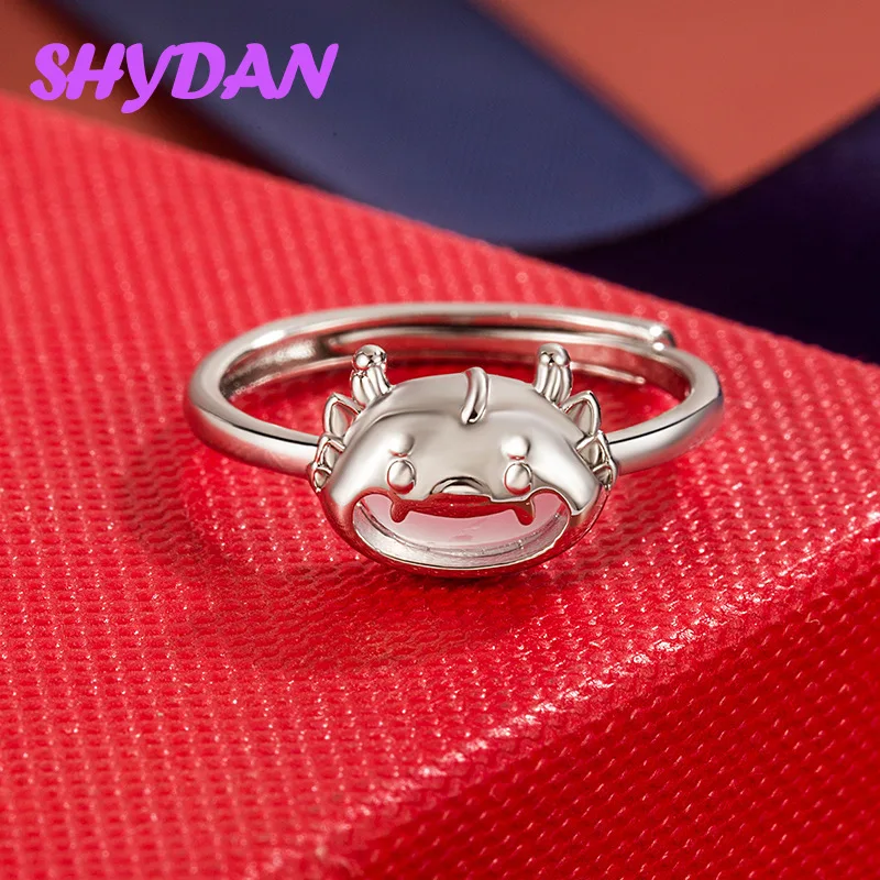 SHYDAN 925 Sterling Silver Laughing Incessantly Dragon Open Adjustable Rings For Women Girls Fashion Jewelry