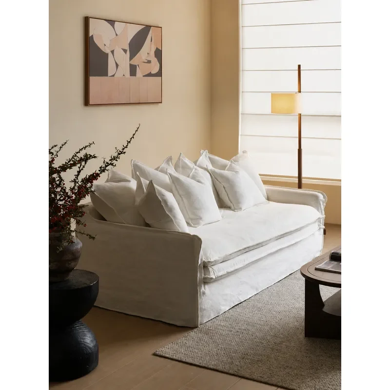 New Chinese Style Thickened Cotton Linen Fabric Sofa Living Room Soft Cushion Removable Washable Straight Row Couch 2026
