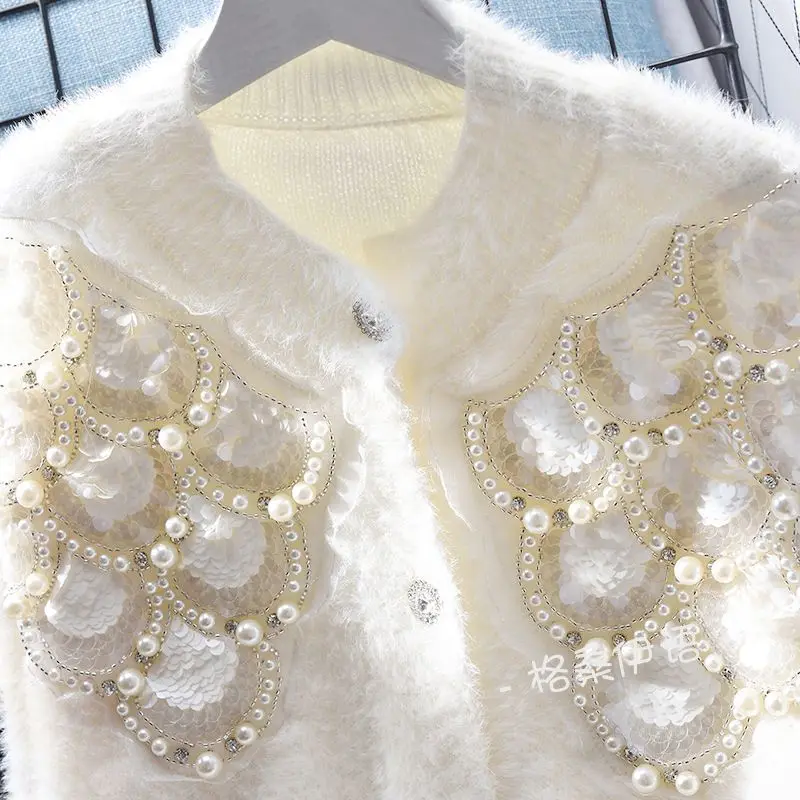 Women Imitation Mink Fleece Pearls Beaded Sweater Coat Loose Autumn Winter Shell Sequined Embroidery Knitted Cardigan Knitwear