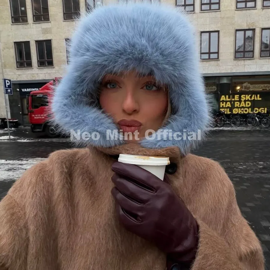 Neo Mint 2026 Winter Oversized Fuzzy Faux Fox Fur Trapper Hat Women Chic Street Fashion Y2k Girls Foldable Ear Flaps Ushanka Hat