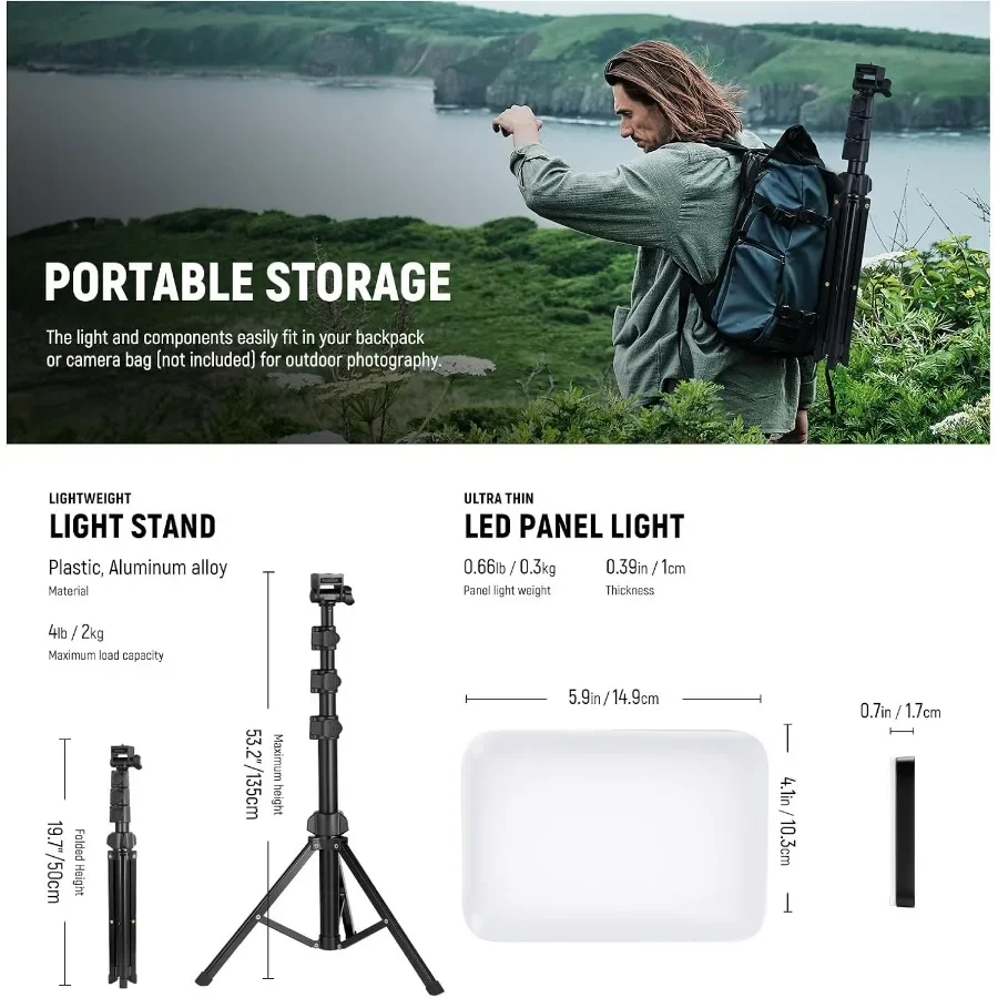 ชุดไฟวิดีโอ LED แบบพกพา 2 ชุด รุ่น Basics พร้อมขาตั้งและฟิลเตอร์ ปรับความสว่างได้ แสงสองสี 3200K-5600K