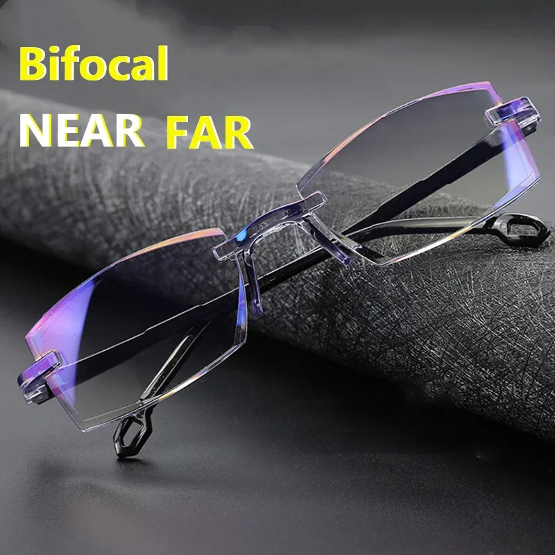 2 Paar neue randlose Lesebrillen für Männer und Frauen, Anti-Blaulicht-Bifokalbrille mit Fern- und Nahvergrößerung, Presbyopie-Brille +150 +200