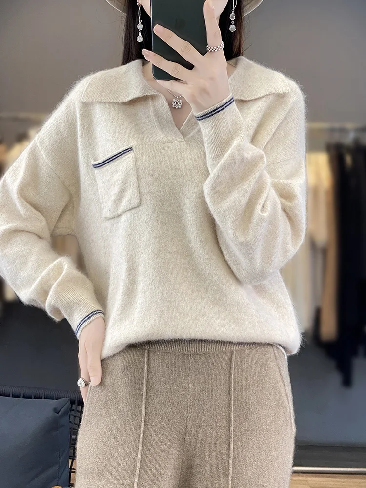 Fashion Women Cashmere Sweater POLO V-neck Pullover Autumn Winter Female Clothing Casual Warm 100% Mink Cashmere Knitted Jumper