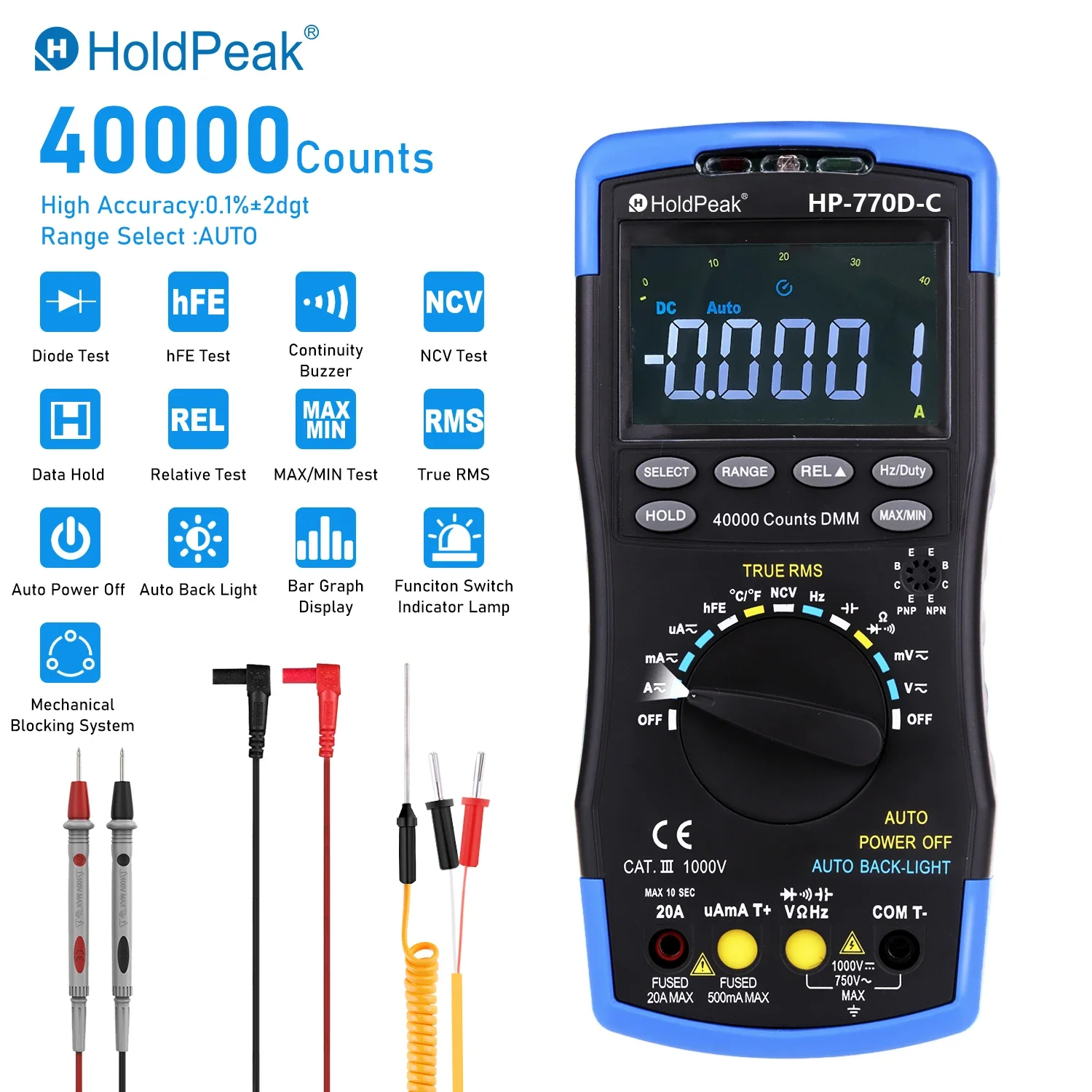 

HP-770D-C LCD Digital Multimeter- AC/DC Volt, Ohm, Amp, & Capacitor Tester, 40,000 Counts True RMS Auto Range Multimeter