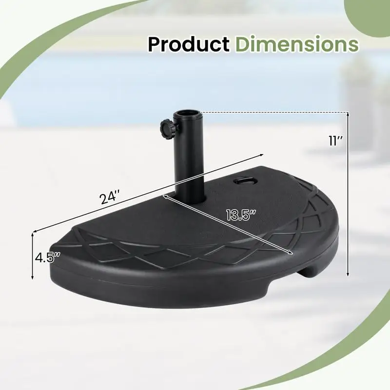 Half Round Patio Umbrella Base, Water Or Sand Fillable Weighted Stand, Fits 38-48mm Pole, With Rotating Locking Knob, For Wall Leaning On Balcony, Black
