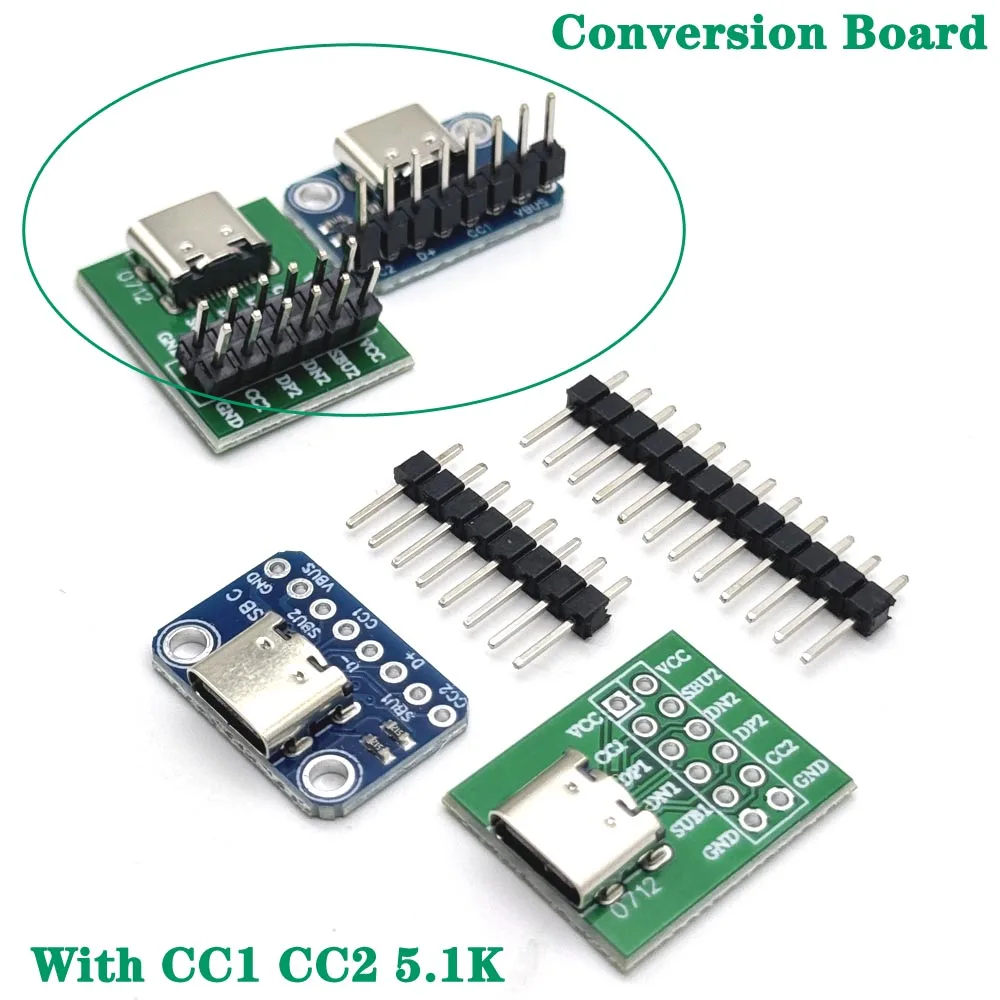 

1-10Set 5V 1.5A TYPE-C Female Adapter Board CC1 CC2 5.1K To 2.54mm Connector Straight Needle 8Pin 12Pin
