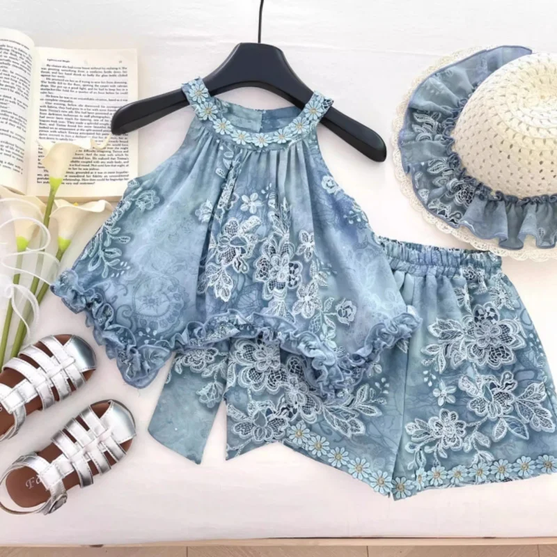 

New Summer Girls' Outfit: Stylish Floral Bow Backless Irregular Top and Shorts Two-Piece Set